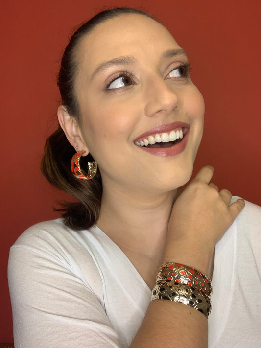 Gold and Red Leopard Hoop Earrings